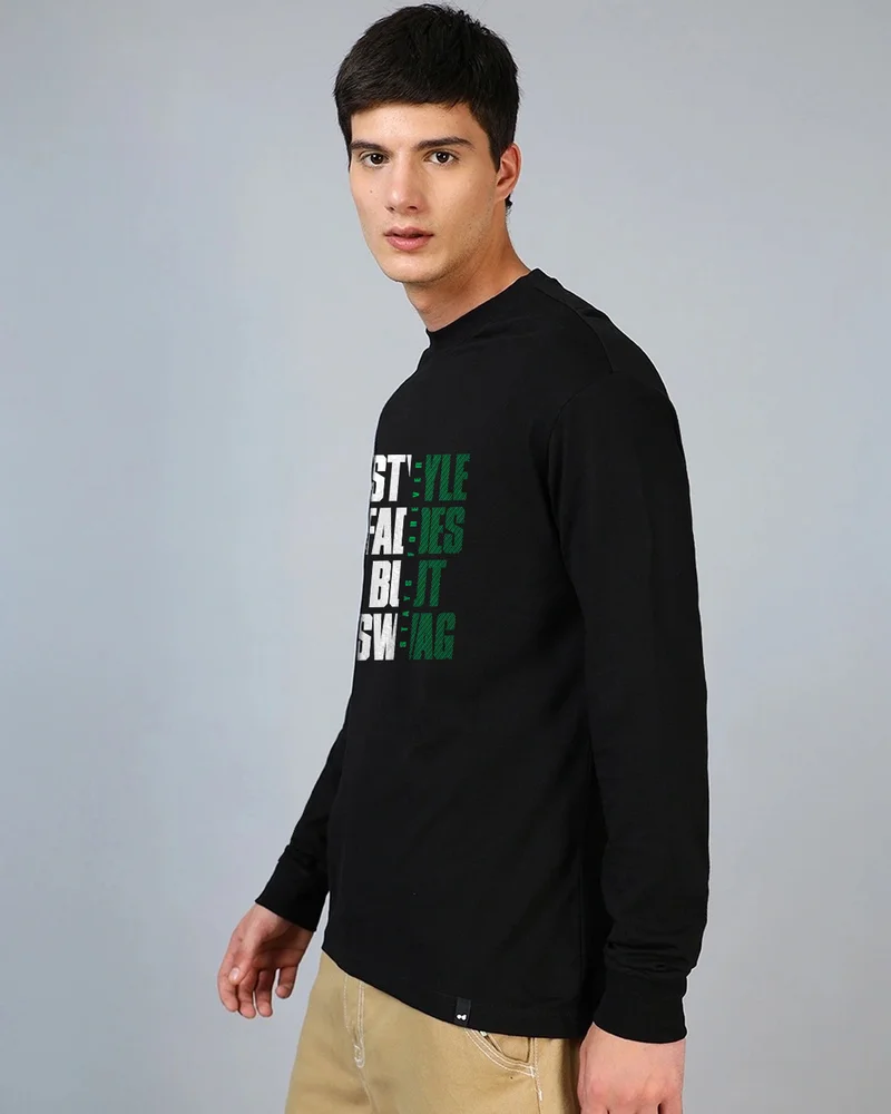 بيواكوف Men's Jet Black Style Swag Typography Oversized T-shirt