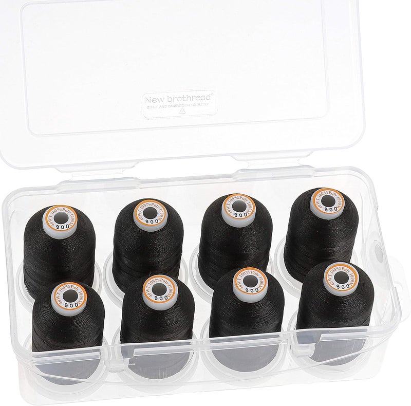 New brothread Polyester Embroidery Machine Thread 1000m Each with Clear Plastic Storage Box for Embroidery & Quilting - 8xBlack - Image 1