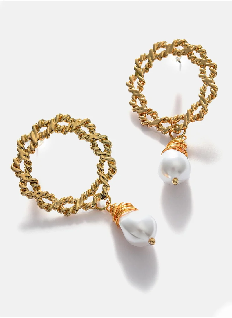 SOHI White Pearl Beaded Contemporary Drop Earrings