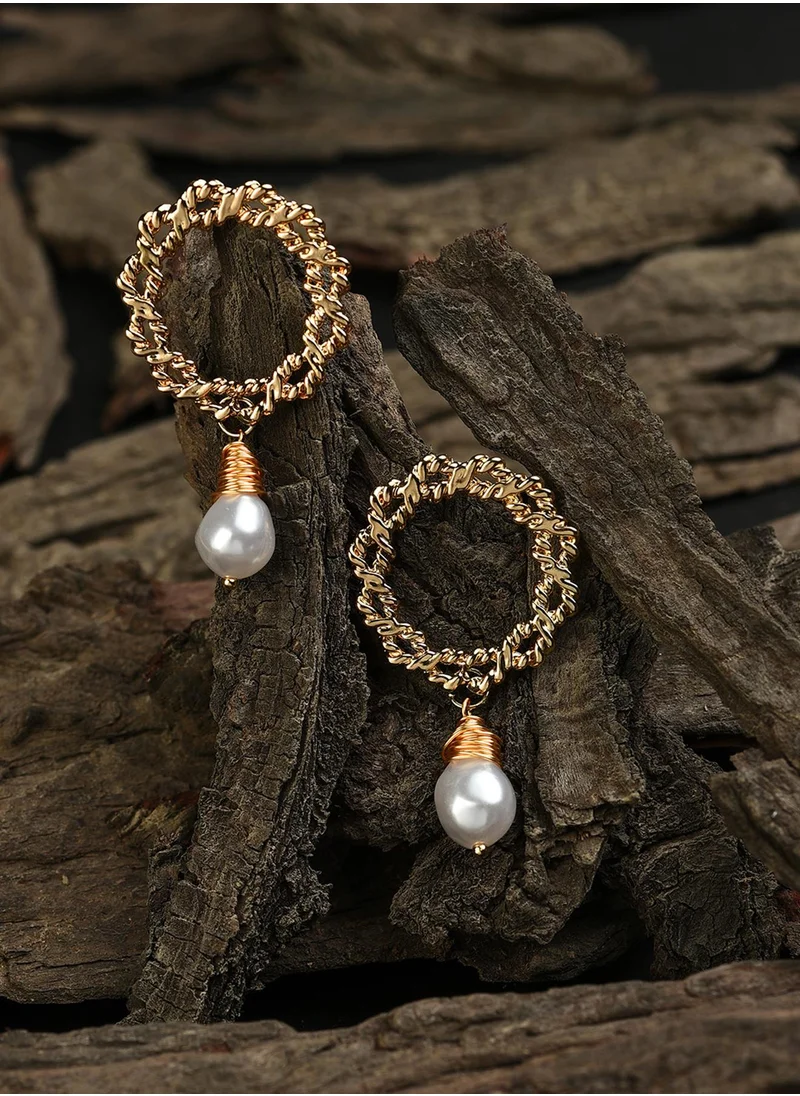 SOHI White Pearl Beaded Contemporary Drop Earrings