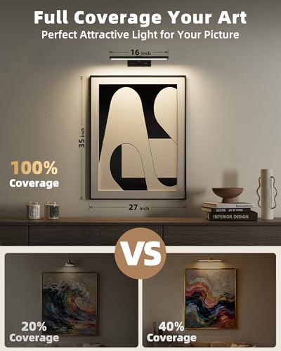 EZVALO Picture Light for Wall 16 Black Rechargeable 4800mAh Battery Lights Wireless Remote Dimmable Magnetic LED Art Painting Light with 3 Color Temperatures Display for Gallery Living Room2P - Image 3