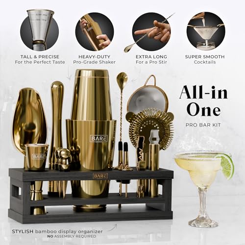 BARE BARREL® Mixology Bartender Kit Bar Set | 16-Piece Cocktail Shaker Set | Martini Barware Mixing Tools for Home Bartending | Incl. 35 Recipe Cards | Gift Set (28oz Boston Shaker, Gold/Black) - Image 2