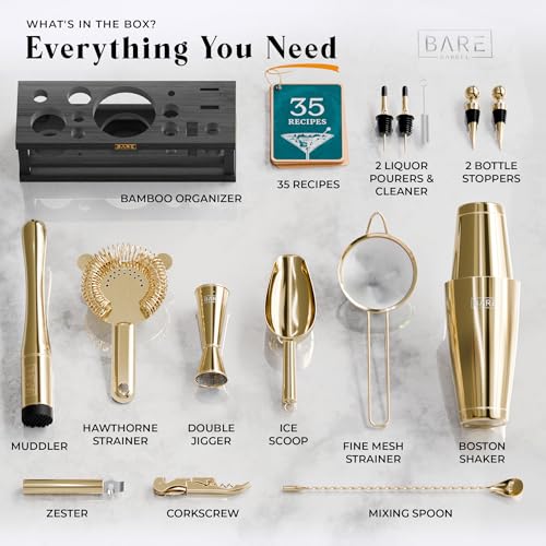 BARE BARREL® Mixology Bartender Kit Bar Set | 16-Piece Cocktail Shaker Set | Martini Barware Mixing Tools for Home Bartending | Incl. 35 Recipe Cards | Gift Set (28oz Boston Shaker, Gold/Black) - Image 4