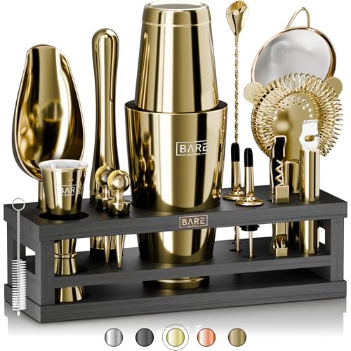 BARE BARREL® Mixology Bartender Kit Bar Set | 16-Piece Cocktail Shaker Set | Martini Barware Mixing Tools for Home Bartending | Incl. 35 Recipe Cards | Gift Set (28oz Boston Shaker, Gold/Black) - Image 1