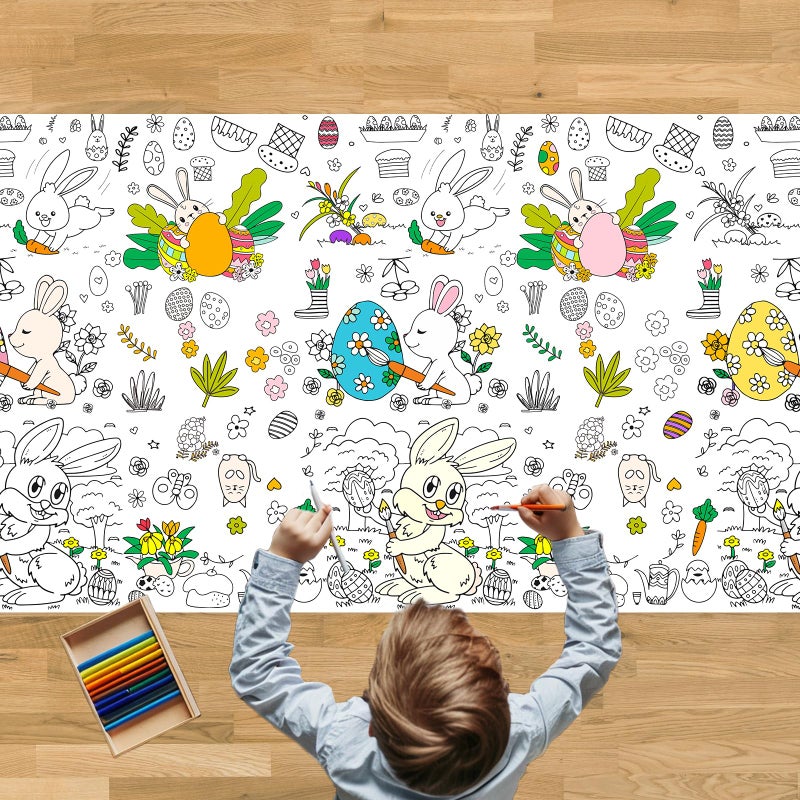 Tbsone Spring Easter Coloring Tablecloth for Kids: 72x30 Inch Activity Poster Crafts, Classroom Game, Spring and Easter Paper Table Cloth & Cover, Bunny & Egg Tablecloth Banner Party Supplies Decoration - Image 1