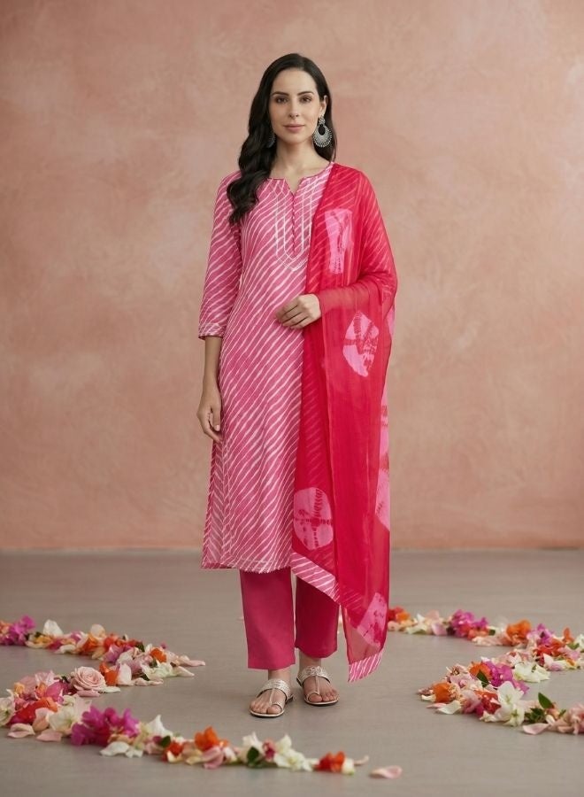 Yuris Pink  White Printed Kurta With Palazzos  Dupatta - Image 1