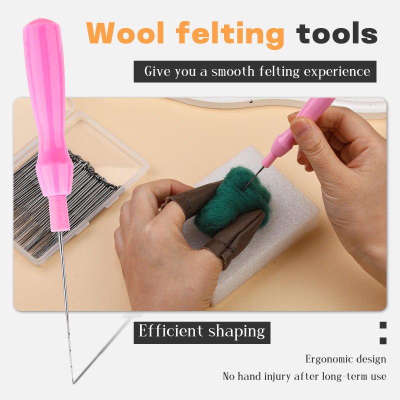 QMNNMA Needle Felting Needles, 100Pcs Wool Felting Needles, Needle Felting Tools Set with 2 Single Wooden Handle Storage Box Fingercots for Wool Projects(M) - Image 3