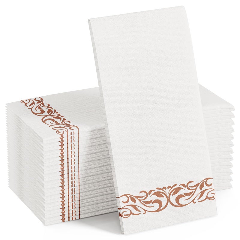 FOCUSLINE 100 Linen Feel Bathroom Napkins Soft and Absorbent Disposable Guest Towels ClothLike Paper Hand Towels Decorative Napkins for Dinners Parties Weddings or Events Rose Gold 12 x 17