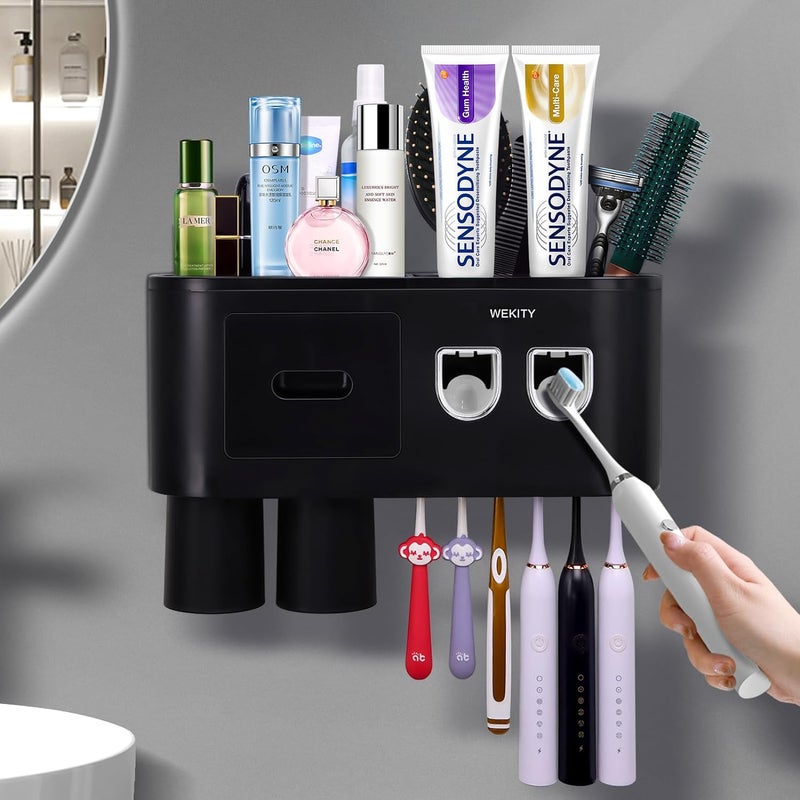 Wekity Multifunctional WallMounted Toothbrush Holder Automatic Toothpaste Dispenser Space Saving Toothbrush and Toothpaste Holder with 2 Cups and Drawers Cosmetic Organizer Black 2 Dispensers