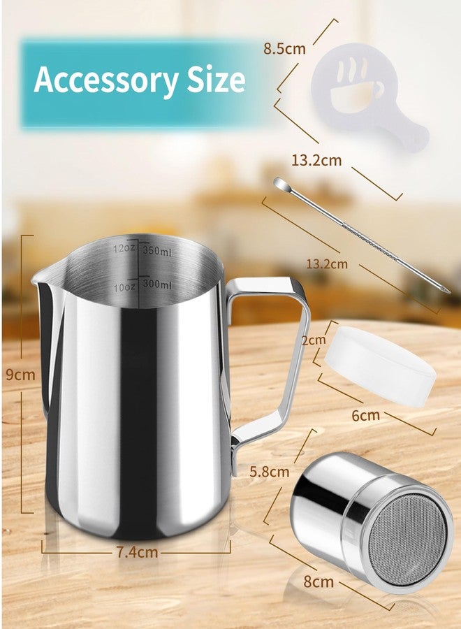 Gevi 4pcs Milk Frother Pitcher, 12oz/350ml Stainless Steel Jug, Powder Shaker with Lid, Cappuccino Latte Art Pen, Coffee Decorating Stencils - Image 2