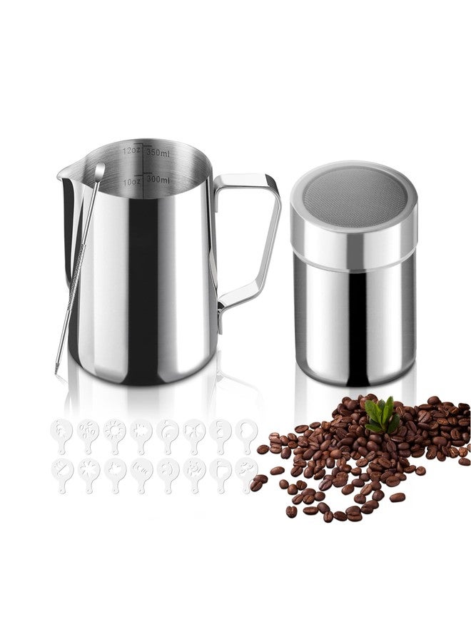 Gevi 4pcs Milk Frother Pitcher, 12oz/350ml Stainless Steel Jug, Powder Shaker with Lid, Cappuccino Latte Art Pen, Coffee Decorating Stencils - Image 1