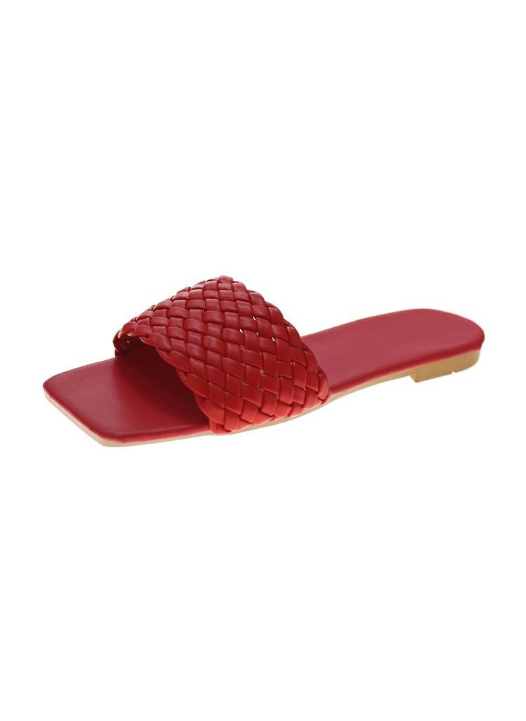 Generic - New Womens Slippers 2022 Summer One-Row Weave Lightweight Outside Wear Womens Style Casual Beach Shoes Synthetic Material Red - Image 1