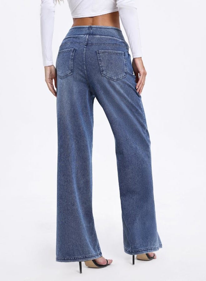 TONIRY Women's High Rise Wide Leg Jeans Stretchy Denim Pull On Pants with Elastic Waist Trendy Loose Fit for All Day Comfort, Blue, M - Image 2