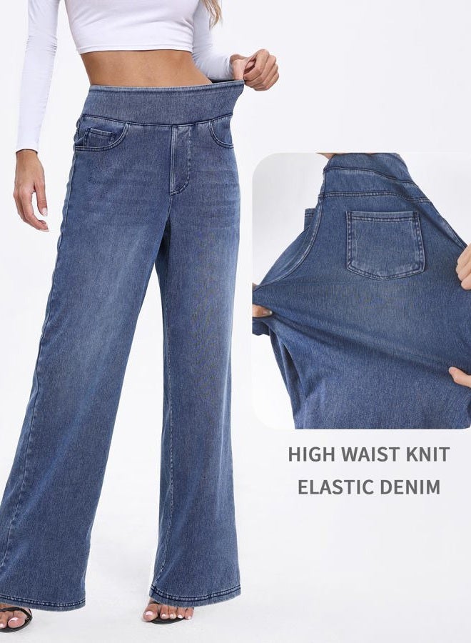 TONIRY Women's High Rise Wide Leg Jeans Stretchy Denim Pull On Pants with Elastic Waist Trendy Loose Fit for All Day Comfort, Blue, M - Image 4