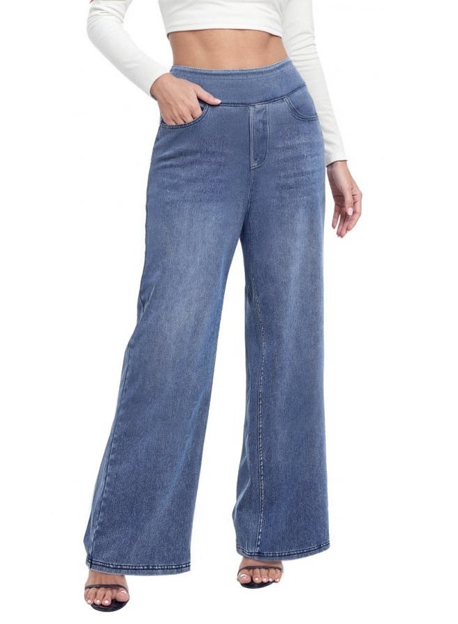 TONIRY Women's High Rise Wide Leg Jeans Stretchy Denim Pull On Pants with Elastic Waist Trendy Loose Fit for All Day Comfort, Blue, M - Image 1