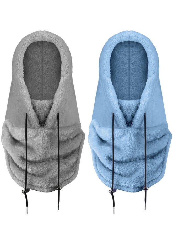 Liitrsh 2 Pcs Balaclava Fleece Ski Mask Winter Sherpa Hood Drawstring Face Mask Men Women for Ski Snowboard Motorcycle Ride(Light Gray, Light Blue) - Image 1