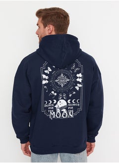 trendyol Navy Blue Men's Oversize Hoodie. Space Printed Cotton Sweatshirt with a Soft Pile Interior TMNAW23SW00344.  - Image 1