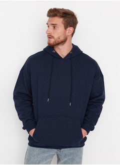 trendyol Navy Blue Men's Oversize Hoodie. Space Printed Cotton Sweatshirt with a Soft Pile Interior TMNAW23SW00344.  - Image 2