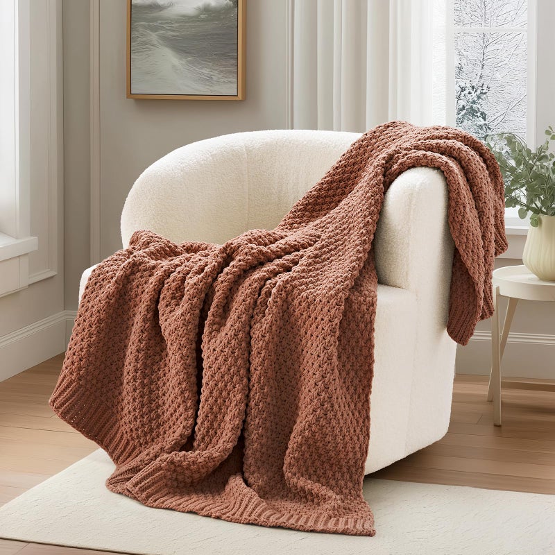 EVERGRACEHOME Chunky Chenille Knit Throw Blanket for Couch, Soft Luxurious Moss Stitch Blankets for Bed, Cozy Decorative Farmhouse Knitted Throws for Sofa, Terracotta Clay, 50" x 60" - Image 1
