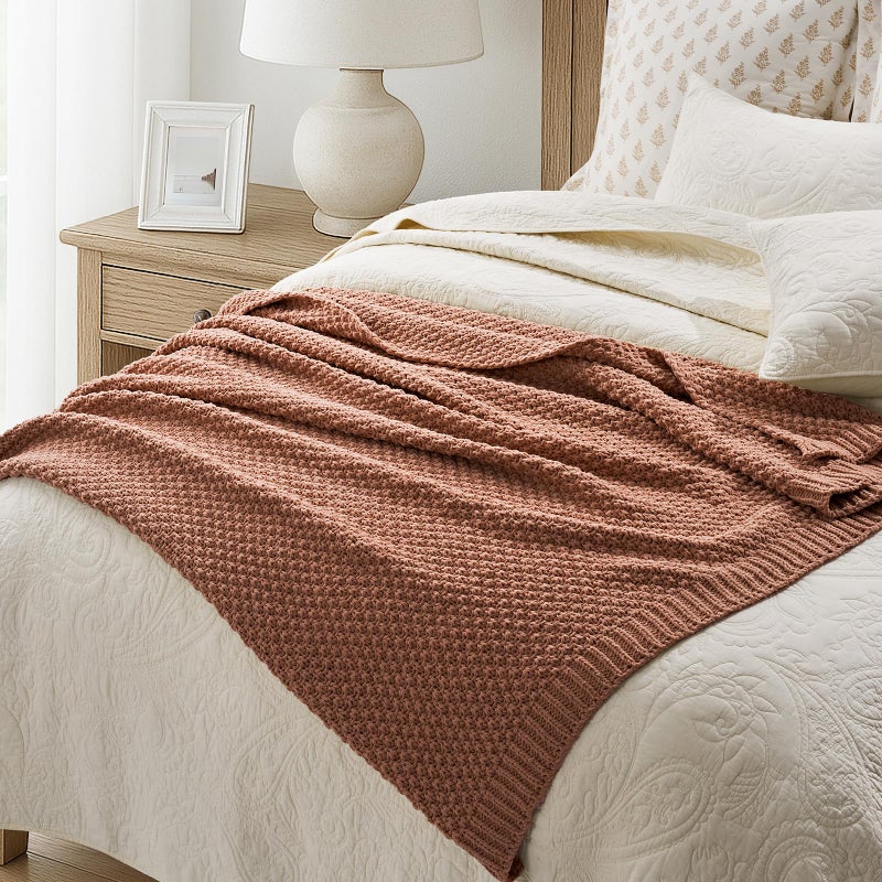 EVERGRACEHOME Chunky Chenille Knit Throw Blanket for Couch, Soft Luxurious Moss Stitch Blankets for Bed, Cozy Decorative Farmhouse Knitted Throws for Sofa, Terracotta Clay, 50" x 60" - Image 5