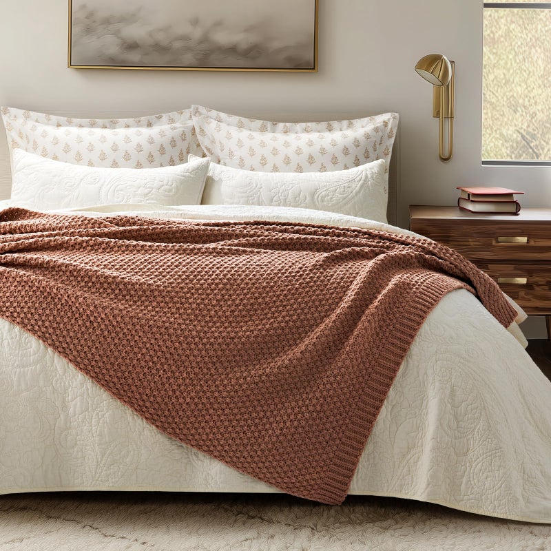 EVERGRACEHOME Chunky Chenille Knit Throw Blanket for Couch, Soft Luxurious Moss Stitch Blankets for Bed, Cozy Decorative Farmhouse Knitted Throws for Sofa, Terracotta Clay, 50" x 60" - Image 3