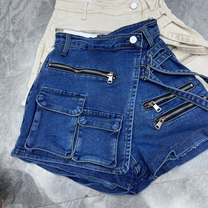 Womens Korean-style irregular multi-pocket workwear A- line shorts loose wide-leg pants 2023 Summer bottoming denim skirt Dark 11617