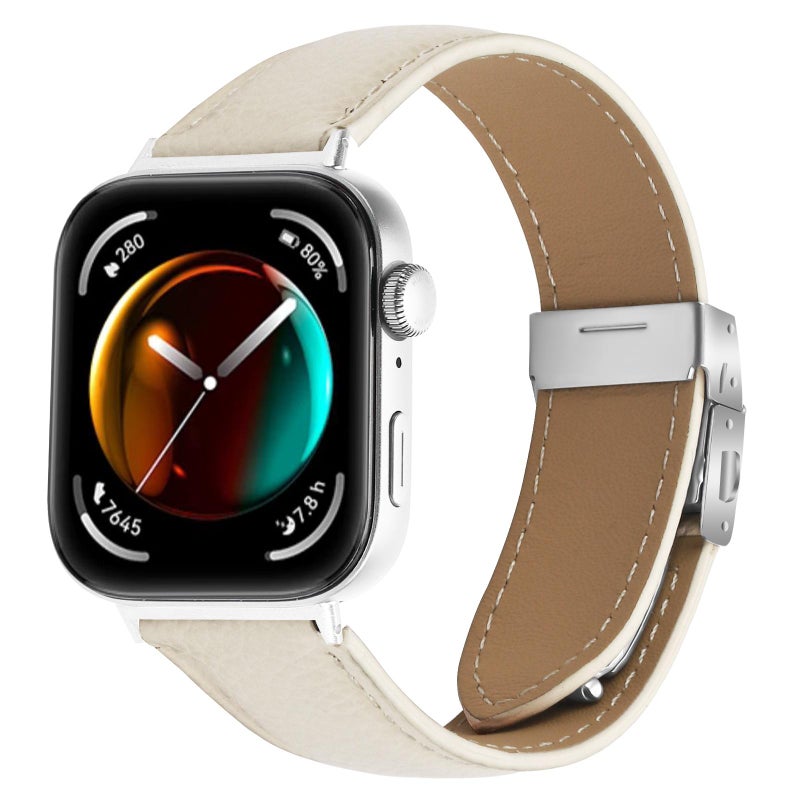 إيروريكس سوار ساعة هواوي واتش فيت 4 / فيت 4 برو / فيت 3 من الجلد بمشبك خلفي فضي من الليتشي (أبيض كريمي) - Image 1