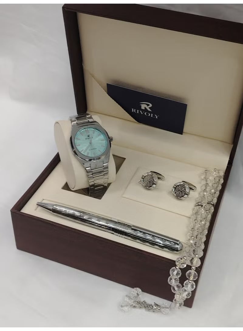 Rivoli Men's Gift Set includes a wristwatch, pen, cufflinks, and crystal rosary.