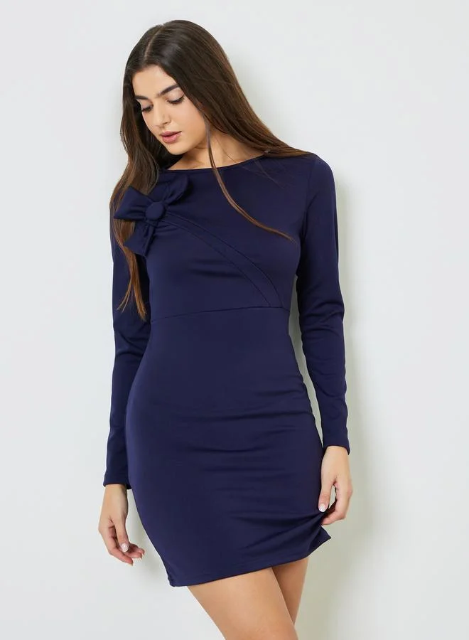 تايك تو Dark Blue Solid Bow Accent Bodycon Midi Dress