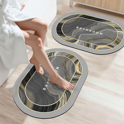 SITTELLA® 2 Pieces (3.5mm) Anti-Skid Water Soaking Marble Print Door Mat, Water Absorbent Mat (40X60Cm) Grey, Oval - Image 1