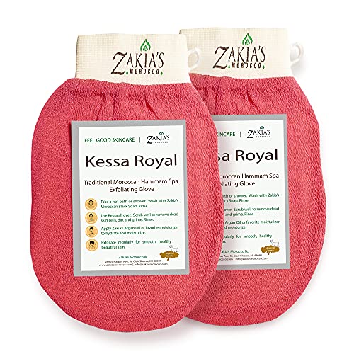 Zakia's Morocco Original Kessa Exfoliating Glove -Value Pack (2pcs) -Pink -Microdermabrasion At Home Exfoliating Mitts, Removes unwanted dead skin, dirt and grime and Keratosis Pilaris. Great for spray tan removal - Image 1