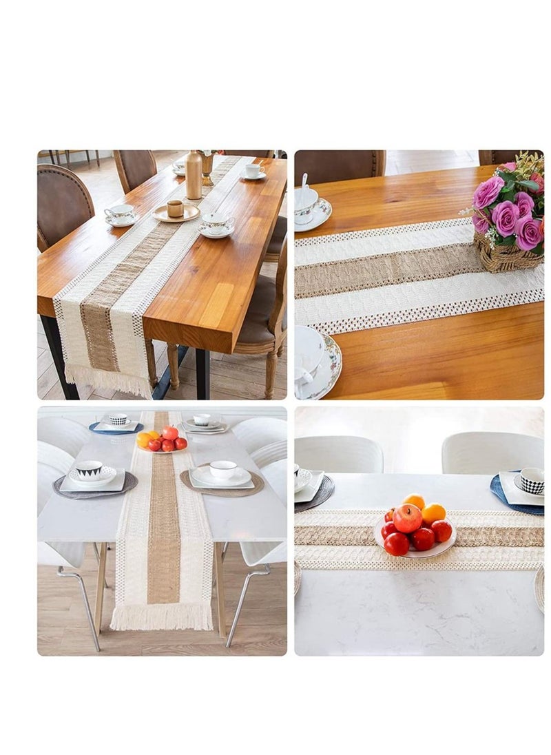 SYOSI - Macrame Table Runner Burlap Table Runners Farmhouse Style Boho Table Runners with Tassels Rustic Splicing Cotton Table Runner for Wedding Home and Dining Table Decor 12  71 Inch - Image 1