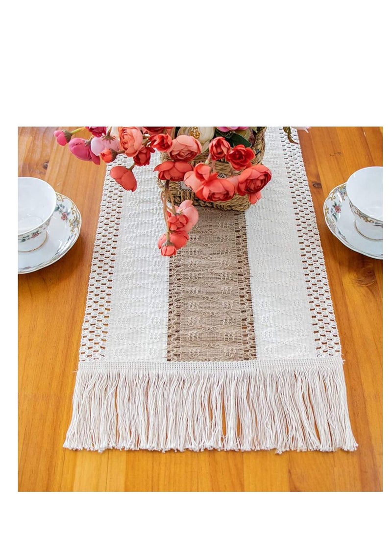 SYOSI - Macrame Table Runner Burlap Table Runners Farmhouse Style Boho Table Runners with Tassels Rustic Splicing Cotton Table Runner for Wedding Home and Dining Table Decor 12  71 Inch - Image 1