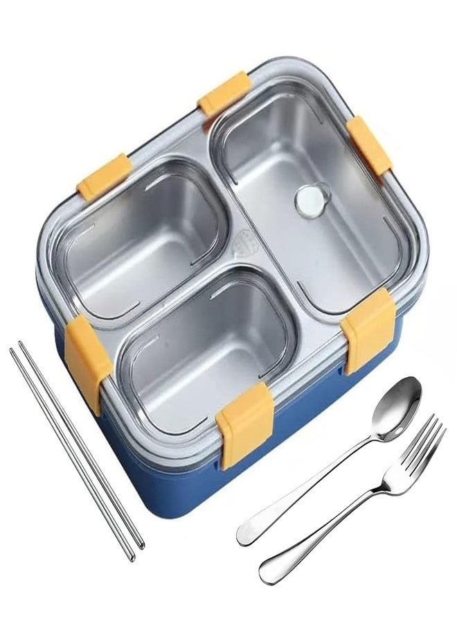 Darkpyro Premium Stainless Steel Lunch Box with 3 Compartments | Includes Spoon, Fork & Chopsticks |Airtight Design with Secure Locking Clips | Ideal for Office, School, College & Travel (Blue) - Image 1