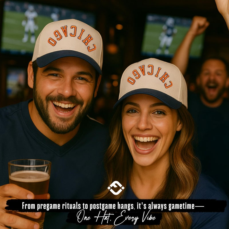 Funky Junque Retro Chicago Hat â€“ Baseball Cap with Upside Down City Arched Embroidery â€“ Unisex Adjustable Snapback for Football, Game Day, Tailgating â€“ Chicago (Navy/Beige) - Image 2