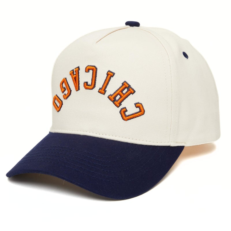 Funky Junque Retro Chicago Hat â€“ Baseball Cap with Upside Down City Arched Embroidery â€“ Unisex Adjustable Snapback for Football, Game Day, Tailgating â€“ Chicago (Navy/Beige) - Image 1