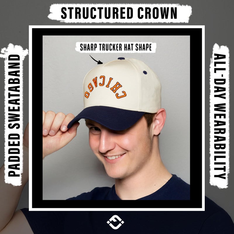 Funky Junque Retro Chicago Hat â€“ Baseball Cap with Upside Down City Arched Embroidery â€“ Unisex Adjustable Snapback for Football, Game Day, Tailgating â€“ Chicago (Navy/Beige) - Image 5