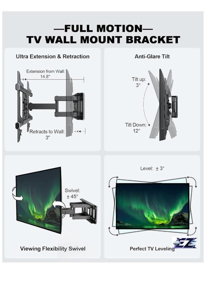 ELTRAZONE Full Motion TV Wall Mount, Articulating Swivel Extension Arm, Fits 37-75" TVs Up to 132lbs, Max VESA 600x400mm, Heavy Duty TV Mount for Home & Office (EBLF7)  - Image 2