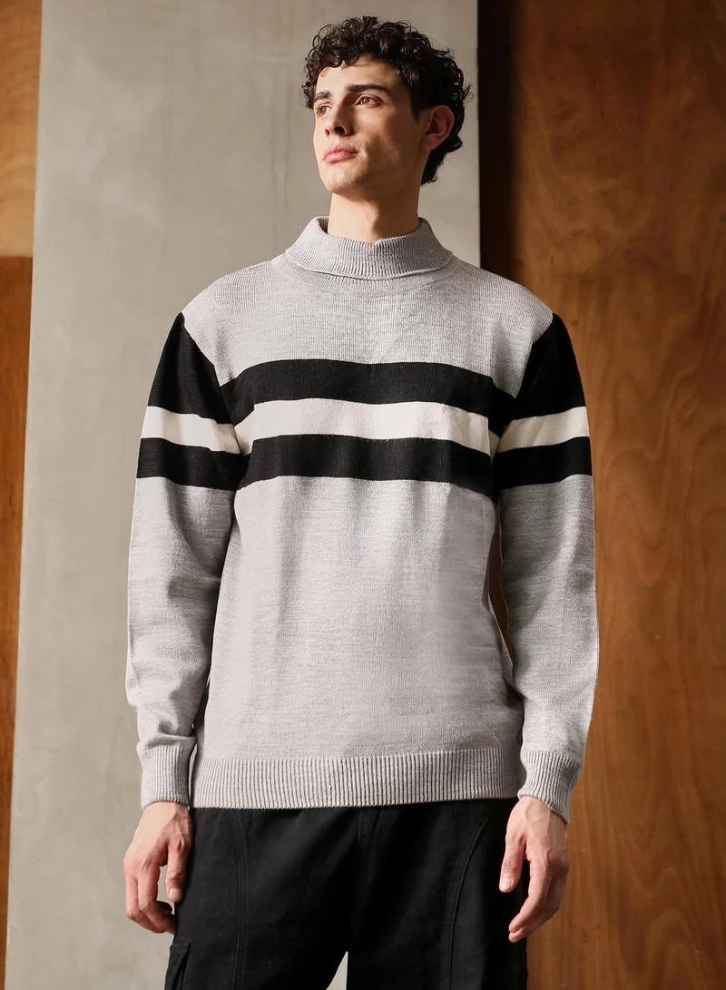 Campus Sutra Men's Coin Grey Striped Relaxed-Pullover Sweater | Turtle Neck , Ribbed Cuff Sleeves , Pull On Closure , Ribbed-Straight Hem | Stripes Plain For Casual & Daily Wear