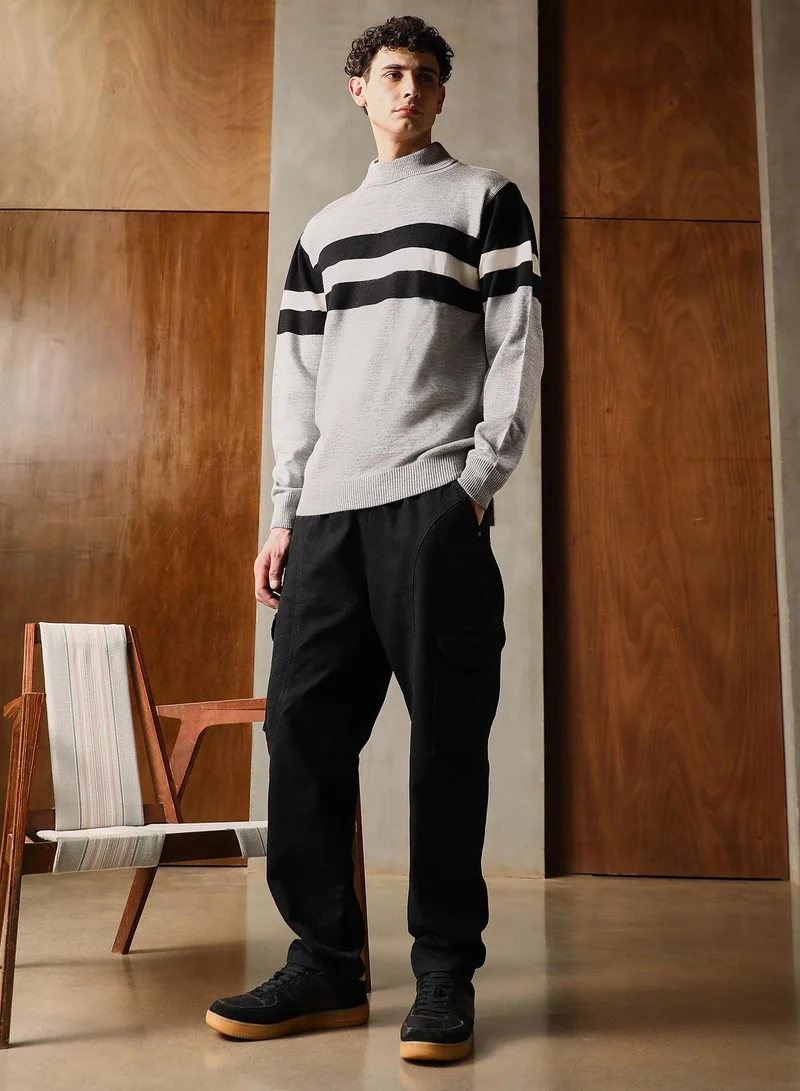 CAHOOT  Men's Coin Grey Striped Relaxed-Pullover Sweater | Turtle Neck , Ribbed Cuff Sleeves , Pull On Closure , Ribbed-Straight Hem | Stripes Plain For Casual & Daily Wear for Men | Best Price UAE