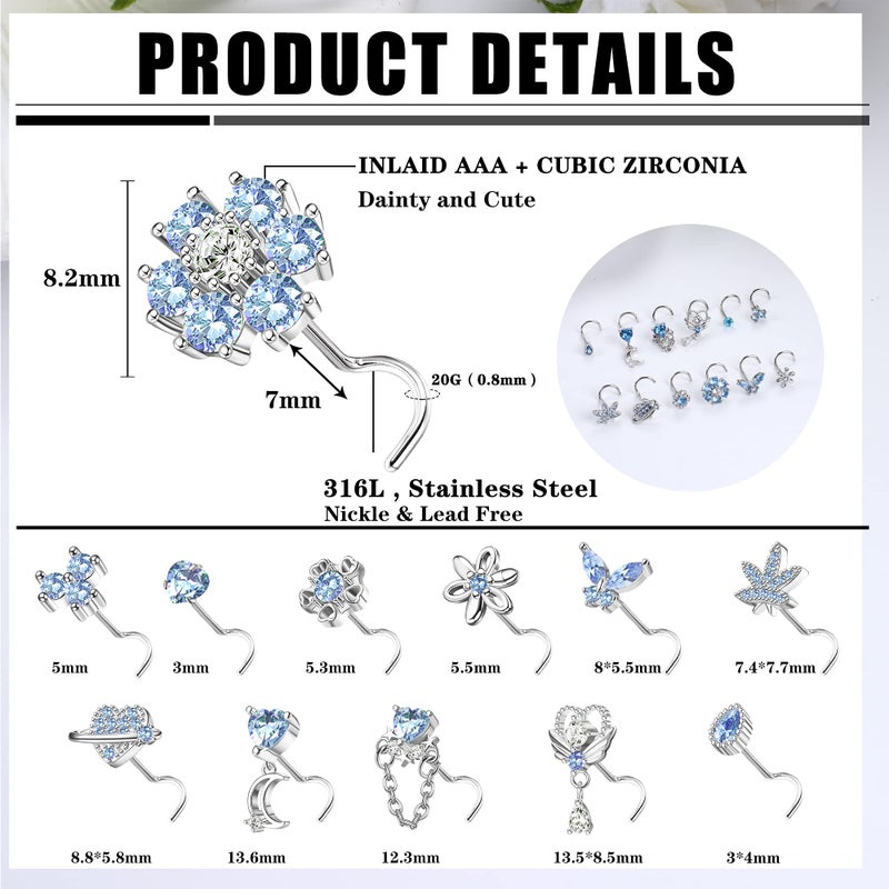 Sanfenly 12 PCS 20G Nose Rings Surgical Stainless Steel, L Shaped Nose Studs for Women Men, CZ Heart Butterfly Flower Leaf Moon Dangle Cute Nose Piercings Studs Screw Jewelry Pink/Purple/Blue/Clear - Image 5