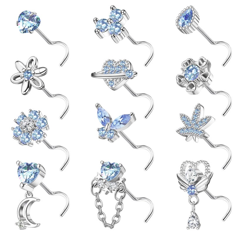 Sanfenly 12 PCS 20G Nose Rings Surgical Stainless Steel, L Shaped Nose Studs for Women Men, CZ Heart Butterfly Flower Leaf Moon Dangle Cute Nose Piercings Studs Screw Jewelry Pink/Purple/Blue/Clear - Image 1
