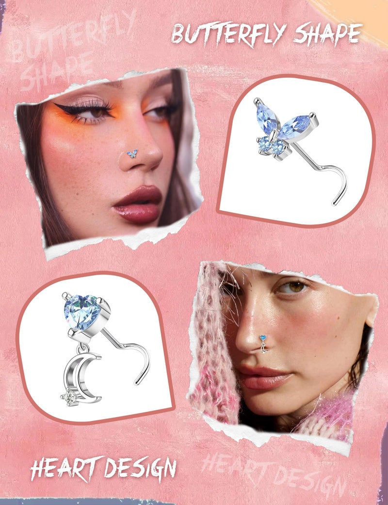 Sanfenly 12 PCS 20G Nose Rings Surgical Stainless Steel, L Shaped Nose Studs for Women Men, CZ Heart Butterfly Flower Leaf Moon Dangle Cute Nose Piercings Studs Screw Jewelry Pink/Purple/Blue/Clear - Image 2