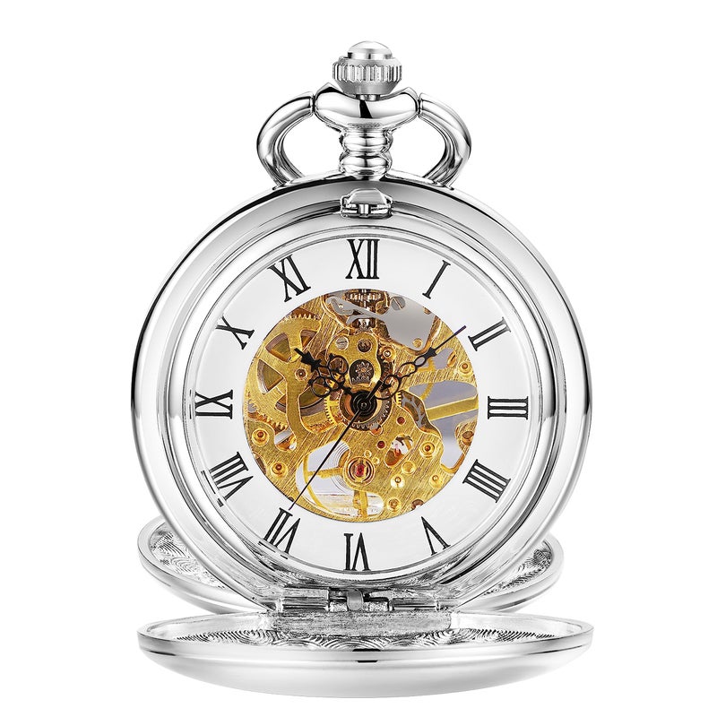ShoppeWatch Men’s Pocket Watch with Chain | Hand Winding Vintage Pocketwatch | Skeleton Mechanical Movement | 1920s Railroad Steampunk Costume Accessory PW20 - Image 2