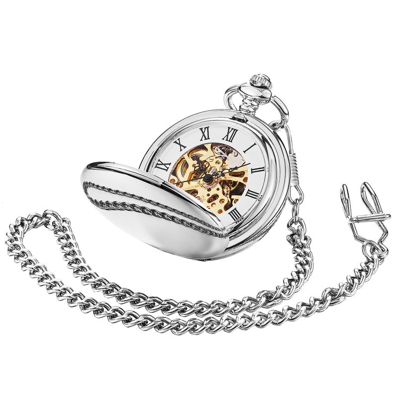 ShoppeWatch Men’s Pocket Watch with Chain | Hand Winding Vintage Pocketwatch | Skeleton Mechanical Movement | 1920s Railroad Steampunk Costume Accessory PW20 - Image 5