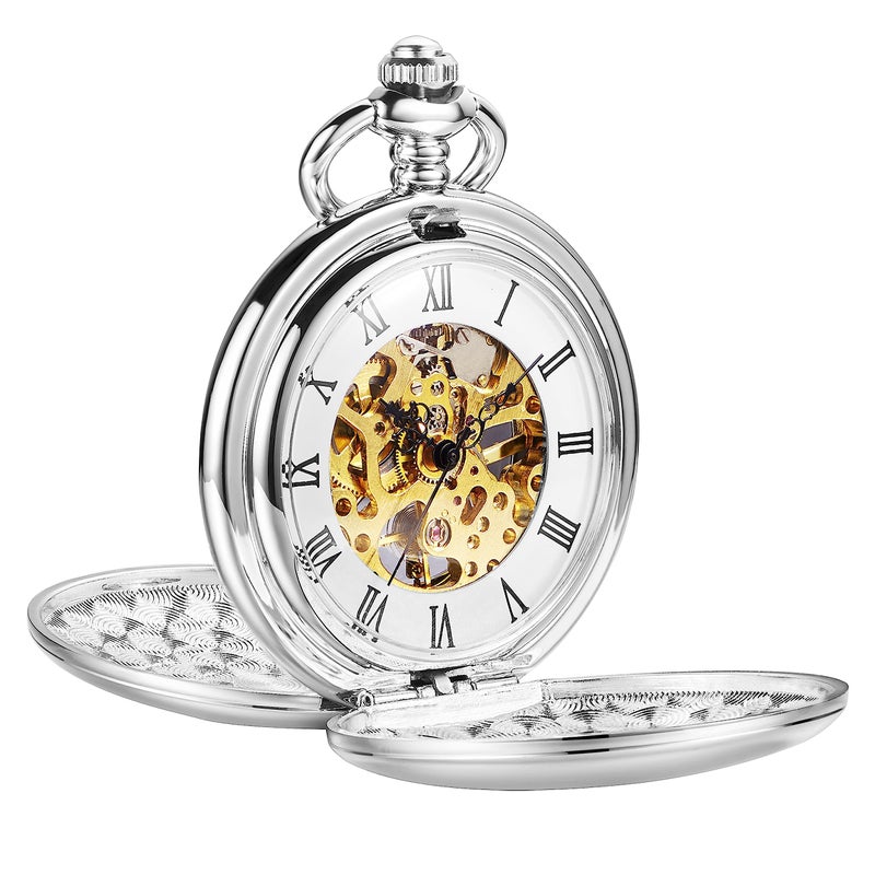 ShoppeWatch Men’s Pocket Watch with Chain | Hand Winding Vintage Pocketwatch | Skeleton Mechanical Movement | 1920s Railroad Steampunk Costume Accessory PW20 - Image 1