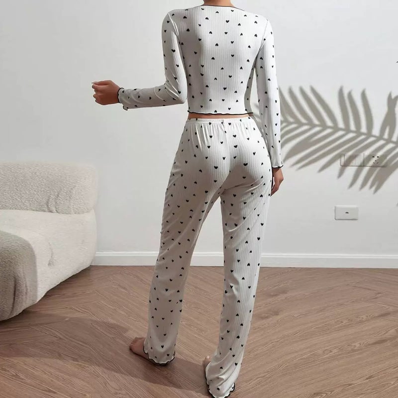 وأفضل مبيعات ارتداء المنزل ، الحب مطبوعة بيجاما الكمام الطويل للنساء ، يمكن ارتداء في الخارج ، مجموعة قطعتين مع بنطلون طويلة - Image 4