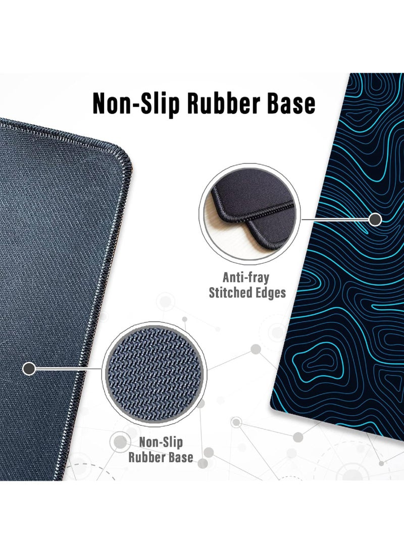Rock Pow - Gaming Mouse Pad with Stitched Edges Topographic Map Blue Mouse Pad Extended Mousepad with Anti-Slip Base Cool Large Mouse Pad for Desk 800 * 300 * 3mm - Image 1