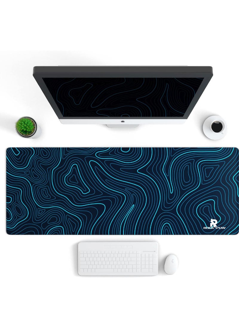 Rock Pow - Gaming Mouse Pad with Stitched Edges Topographic Map Blue Mouse Pad Extended Mousepad with Anti-Slip Base Cool Large Mouse Pad for Desk 800 * 300 * 3mm - Image 1