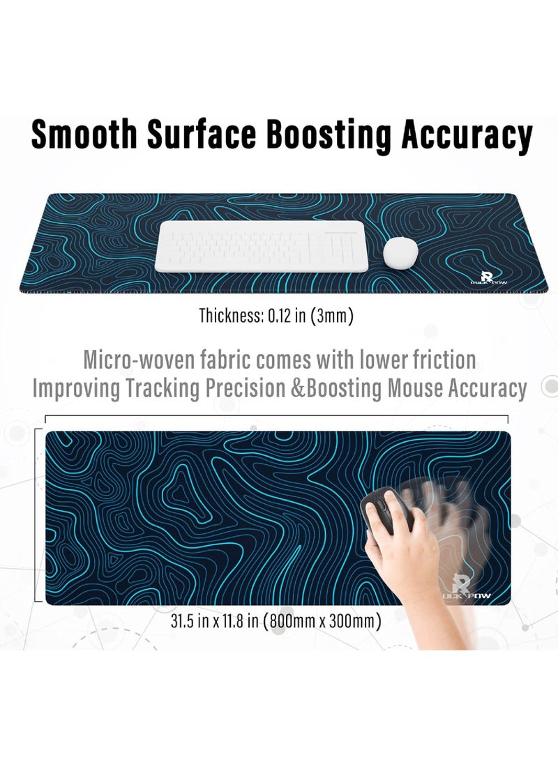 Rock Pow - Gaming Mouse Pad with Stitched Edges Topographic Map Blue Mouse Pad Extended Mousepad with Anti-Slip Base Cool Large Mouse Pad for Desk 800 * 300 * 3mm - Image 1